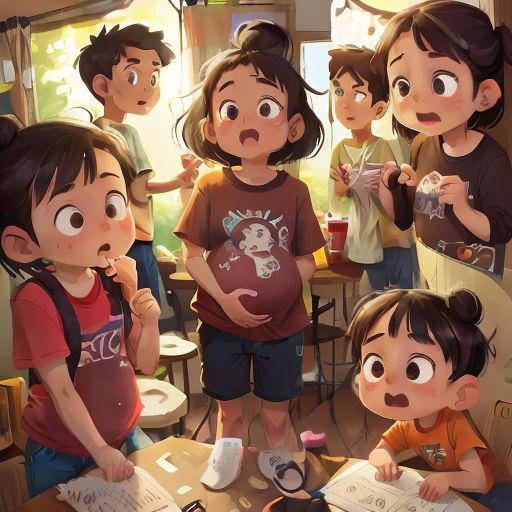 a group of children standing around a table with a book and a cup of coffee in front of them