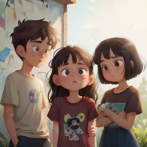 three children standing next to each other in front of a building with a sky background and a sun shining through the window