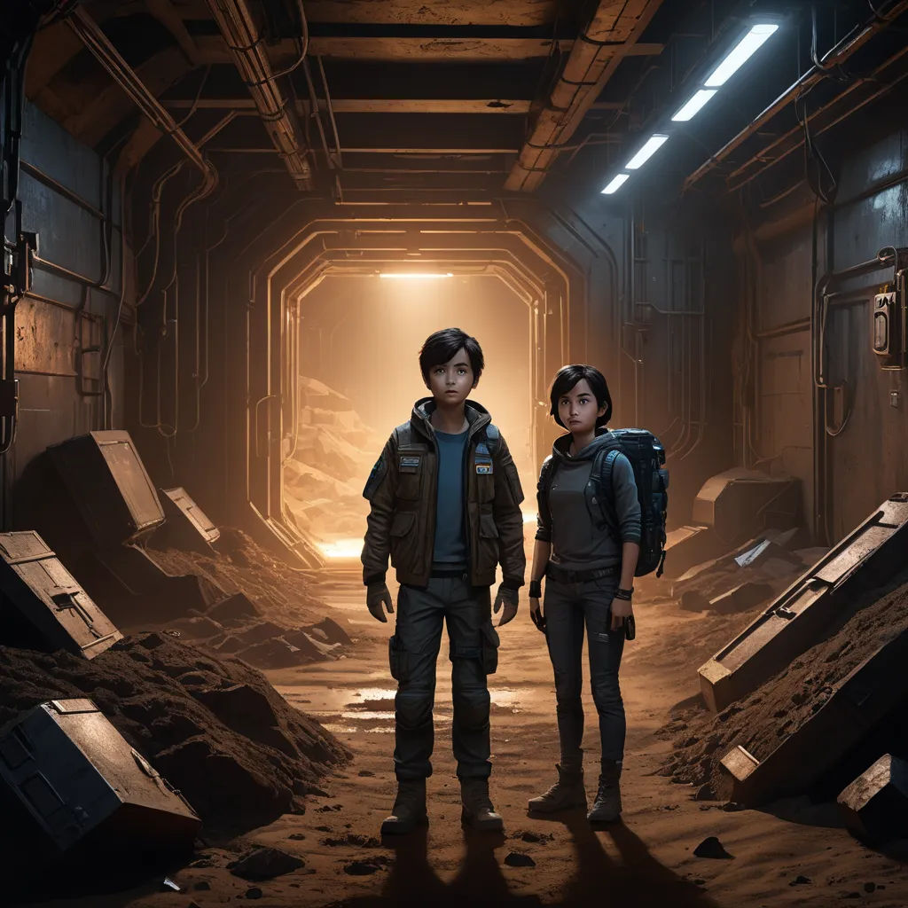 two people standing in a tunnel with a light at the end of the tunnel and a man standing next to them, space art, concept art, Cedric Peyravernay, unreal 5
