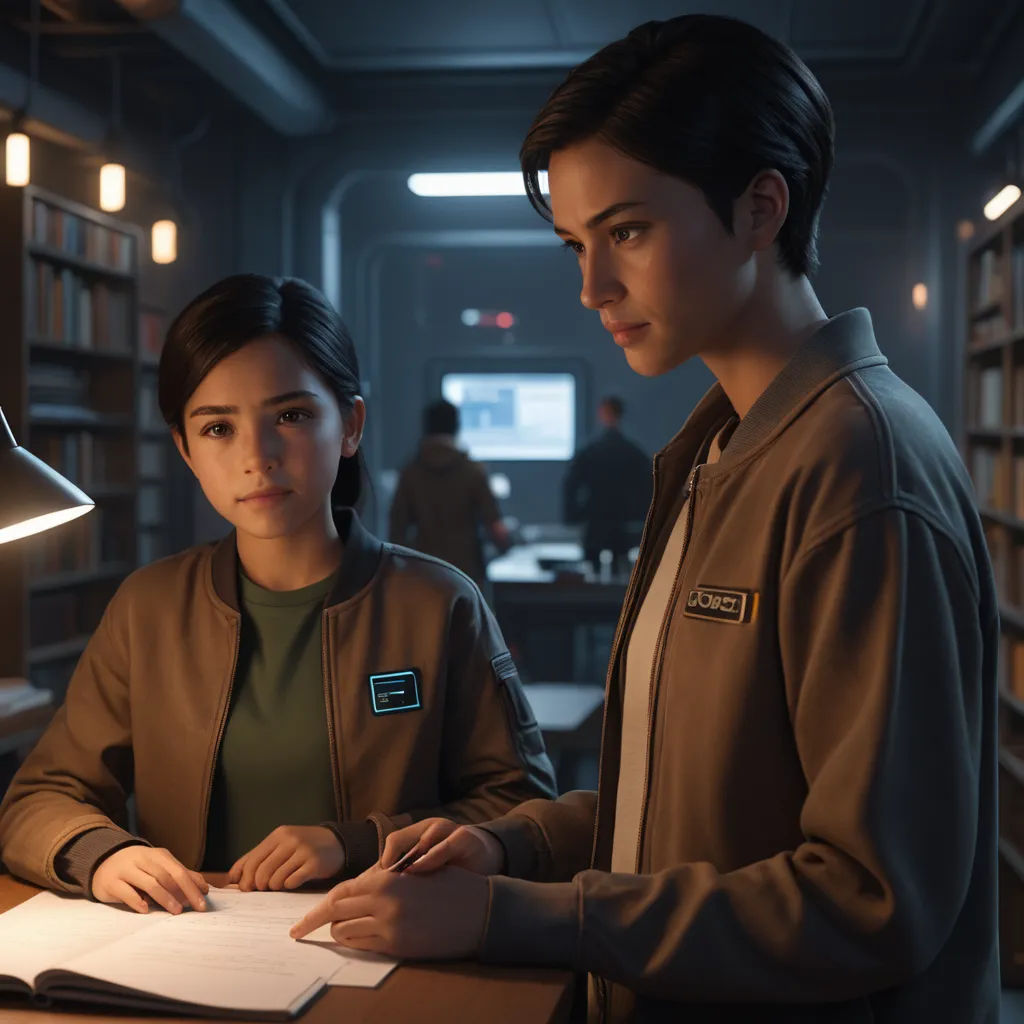 a woman and a man standing in a library looking at a book on a table with a lamp on it, les automatistes, concept art, David Park, promotional image