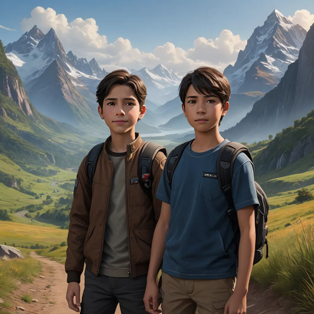 two boys standing in front of a painting of mountains and a valley with a mountain range in the background, photorealism, a detailed matte painting, Brothers Hildebrandt, key art