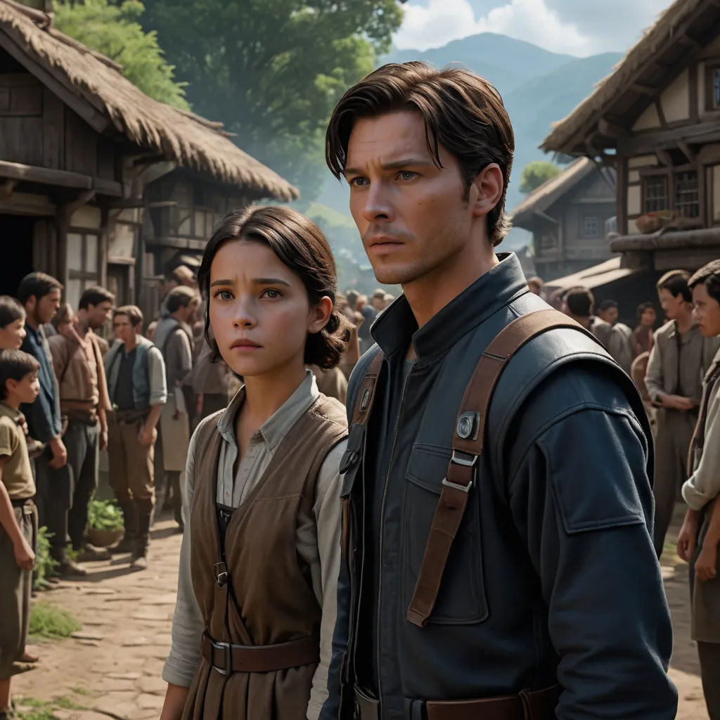 a man and a woman standing in front of a crowd of people in a village with a mountain in the background, antipodeans, a detailed matte painting, Ada Gladys Killins, imax 70 mm footage