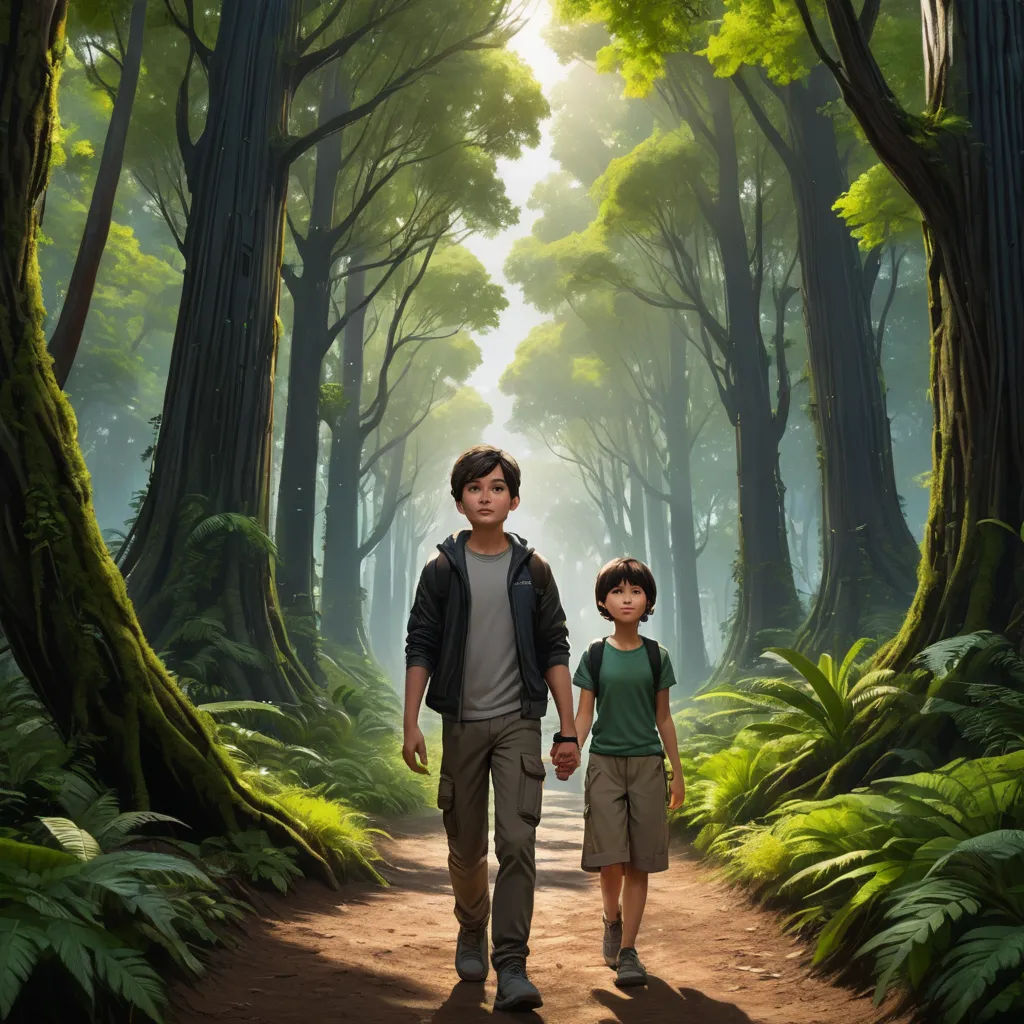 a man and a boy walking through a forest with trees and ferns on the ground and a trail leading to them, photorealism, a detailed matte painting, Cliff Childs, key art
