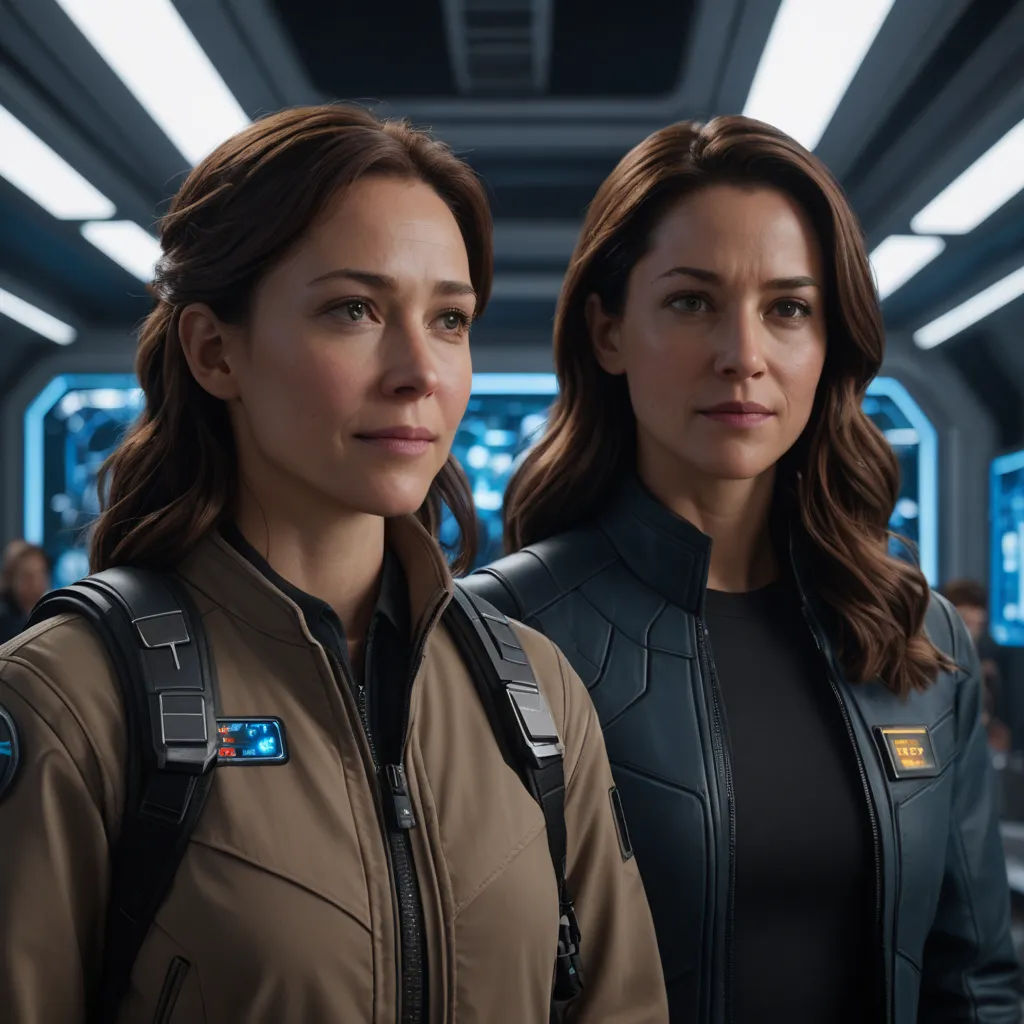 two women in star trek uniforms standing in a room with lights on the ceiling and a large window behind them, space art, poster art, Eve Ryder, promotional image