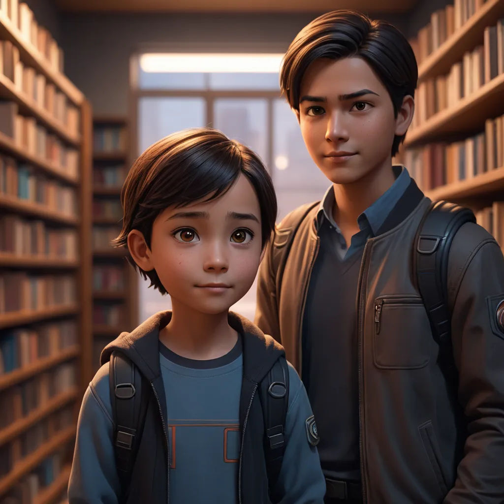 a boy and a girl standing in a library with bookshelves behind them and a man in a backpack, photorealism, concept art, Du Jin, unreal engine highly rendered