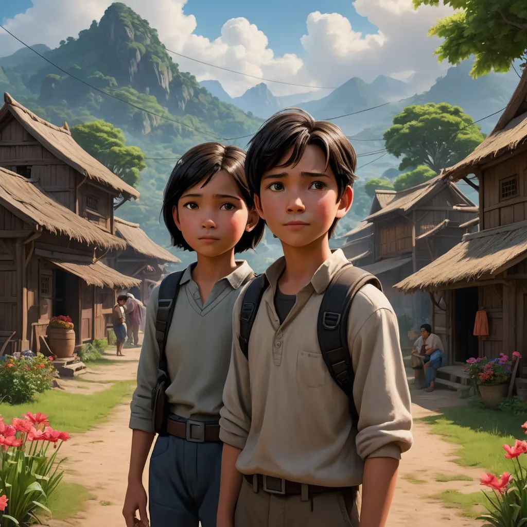 a boy and a girl standing in front of a village with mountains in the background and flowers in the foreground, photorealism, a detailed matte painting, David Park, rossdraws global illumination
