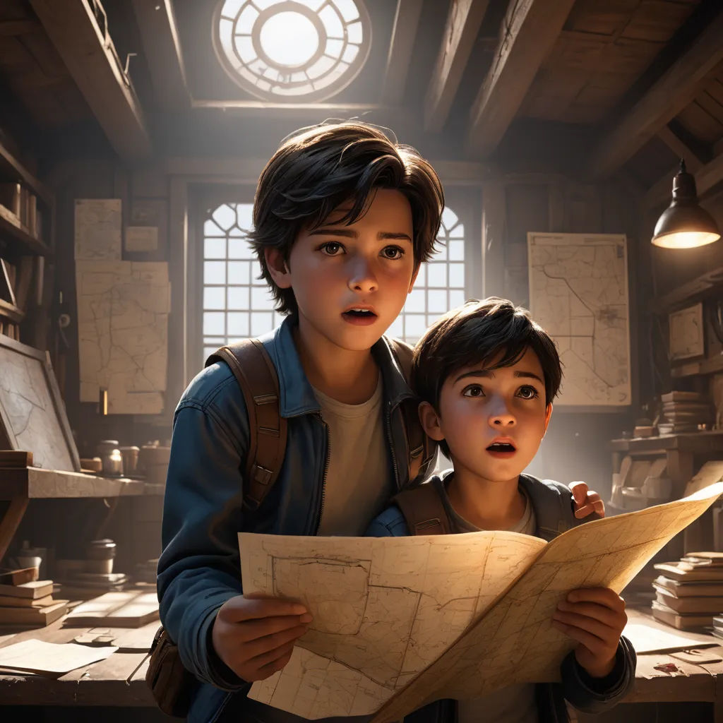 a boy and a girl looking at a map in a room with a clock on the wall and a window, photorealism, poster art, Diego Gisbert Llorens, rossdraws global illumination
