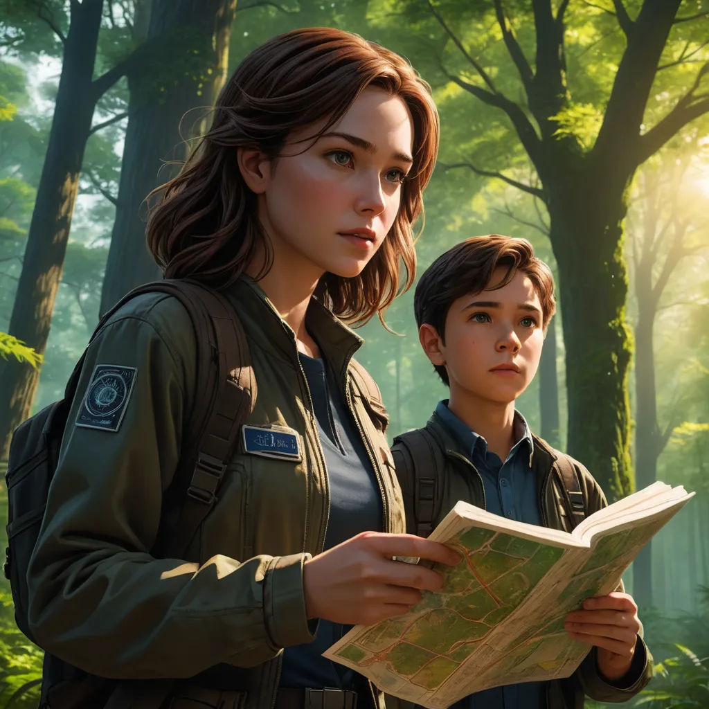 a woman and a boy are looking at a map in a forest, with the sun shining through the trees, sots art, concept art, Aleksi Briclot, key art