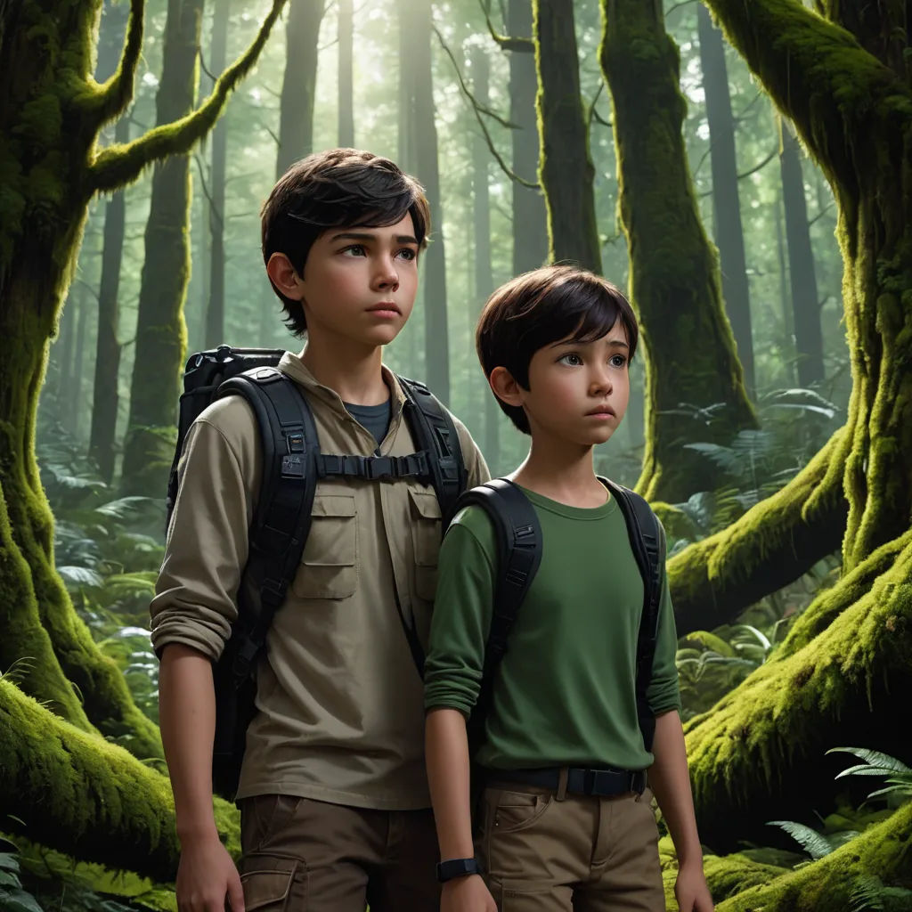 two children standing in a forest with a backpack on their shoulders and a backpack on their back, with a background of trees and moss, antipodeans, a detailed matte painting, Felix-Kelly, promotional image