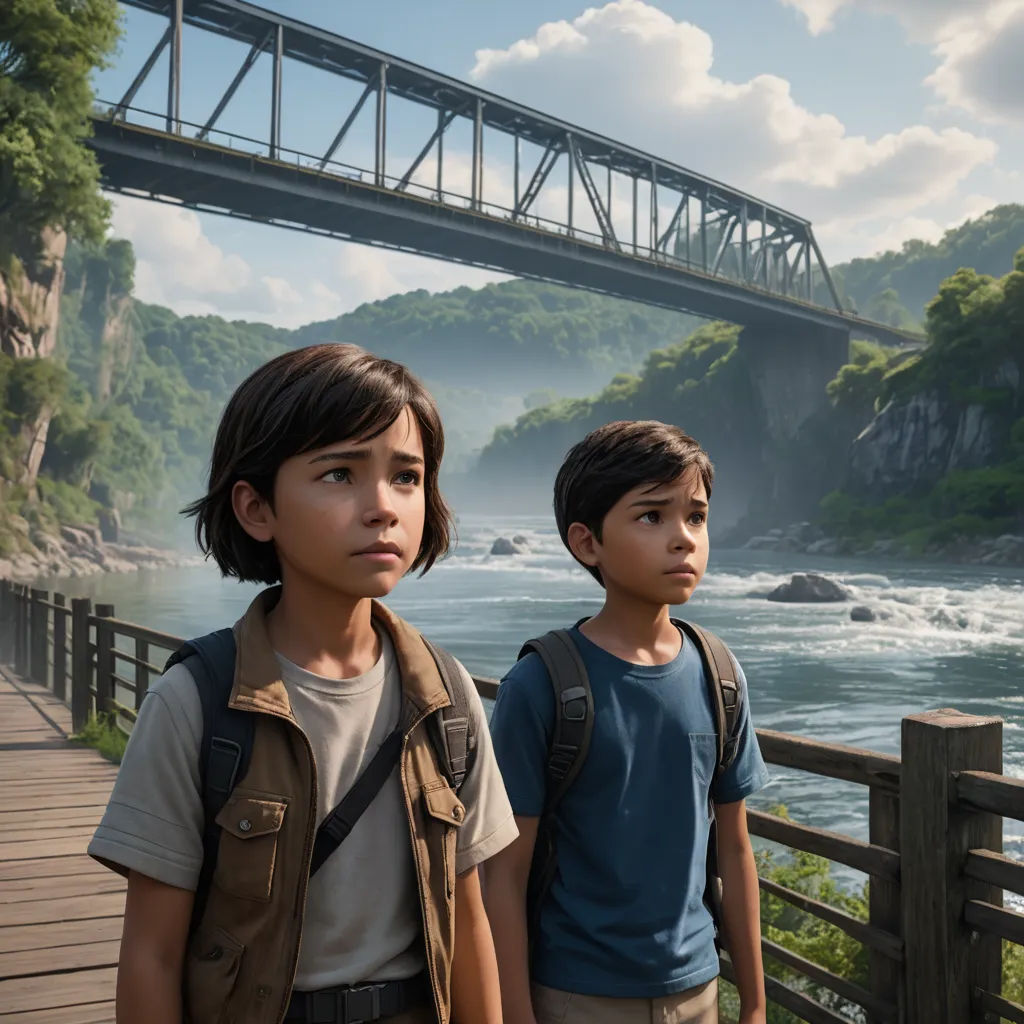 two young boys standing on a bridge over a river with a bridge in the background and a bridge over the water, photorealism, a detailed matte painting, David Park, vfx