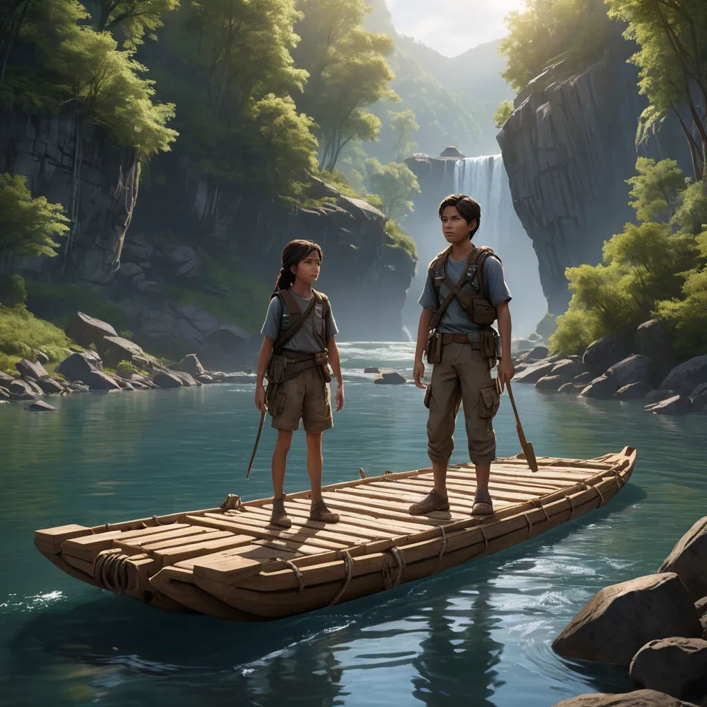 a couple of people standing on a raft in a river next to a waterfall and a forest with rocks, photorealism, a detailed matte painting, Drew Struzan, rossdraws global illumination