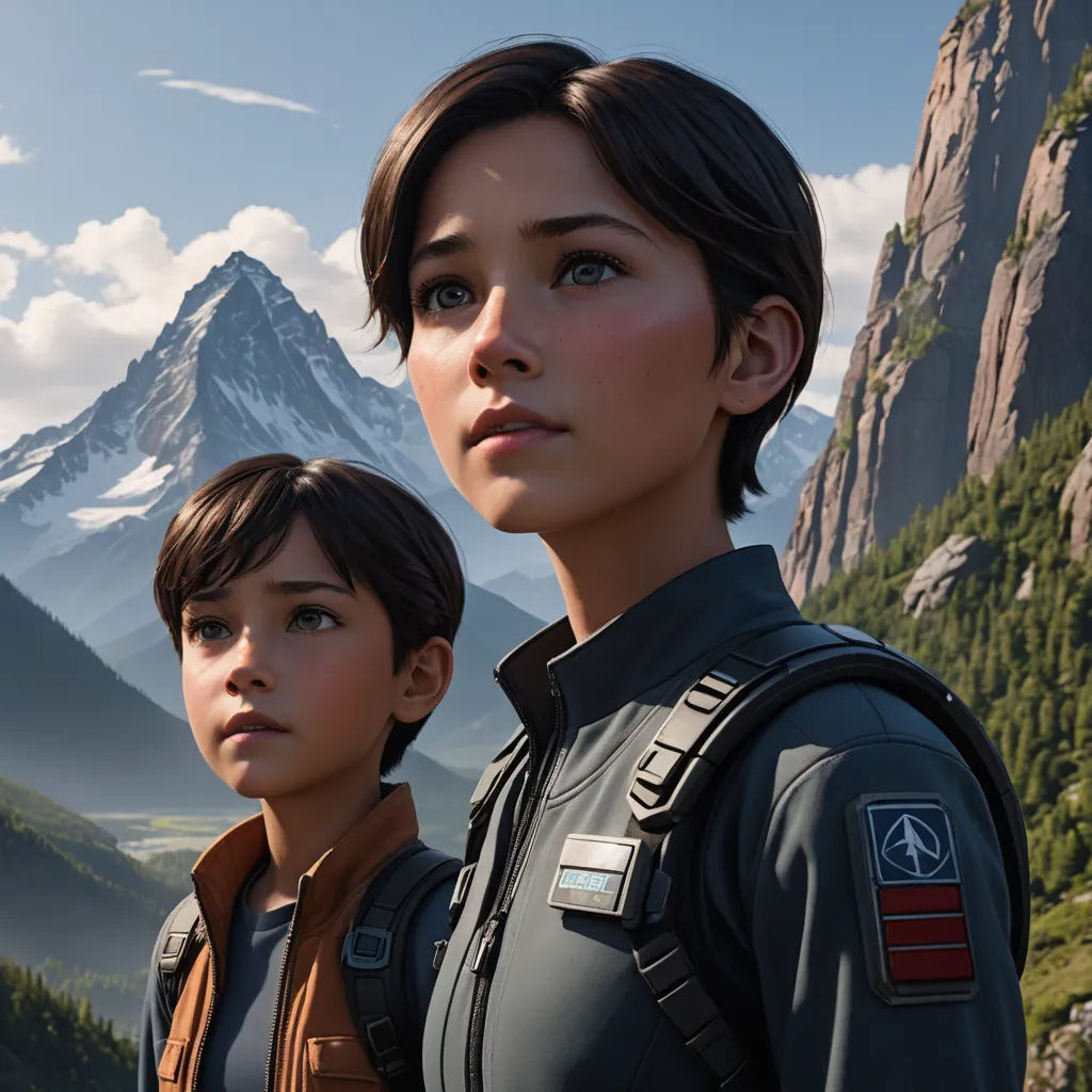 a couple of people standing next to each other in front of a mountain range with a sky background and clouds, photorealism, computer graphics, Cedric Peyravernay, cgstudio