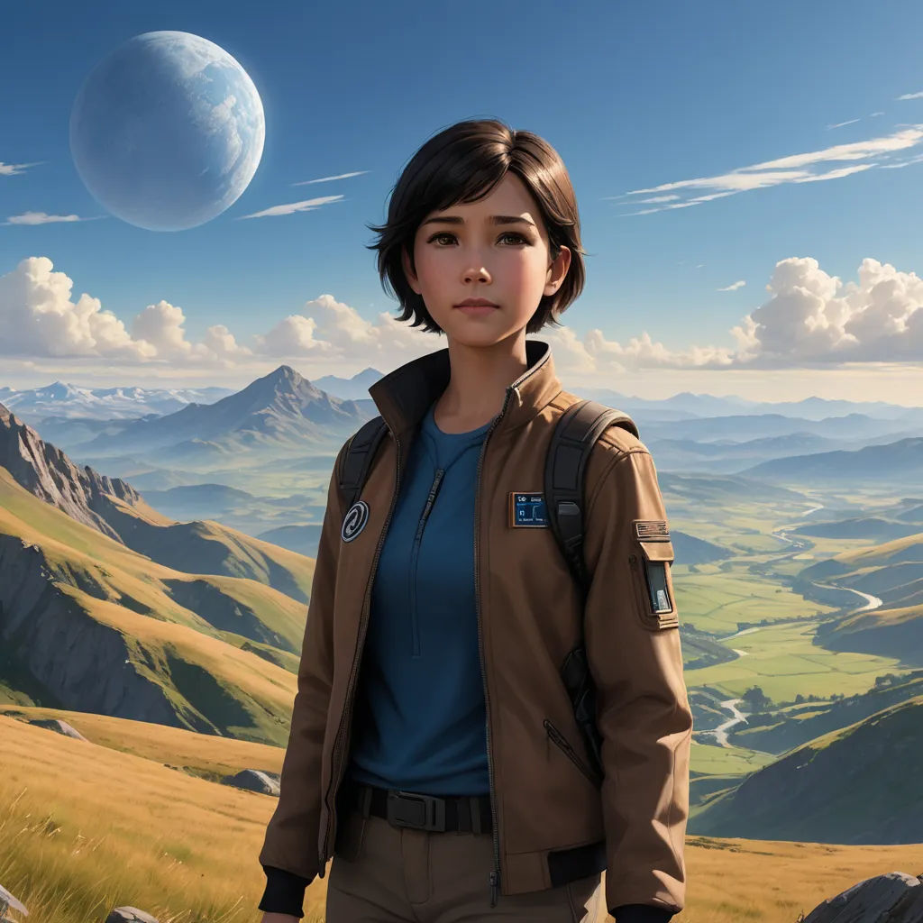 a woman standing in a field with a mountain range in the background and a distant sky in the background, space art, a character portrait, Eve Ryder, official art