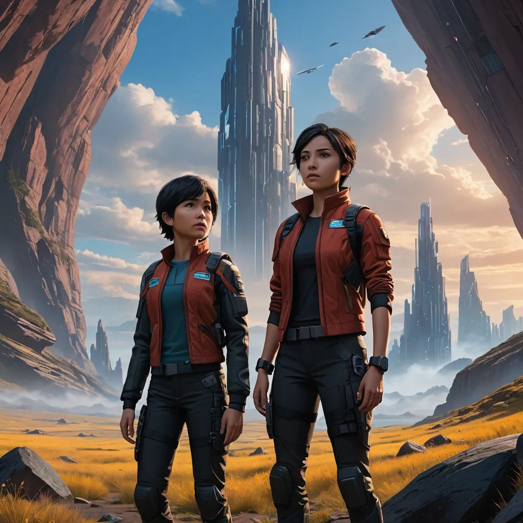 two people standing in front of a giant city with a sky background and a giant rock formation in the foreground, sots art, concept art, Clint Cearley, key art
