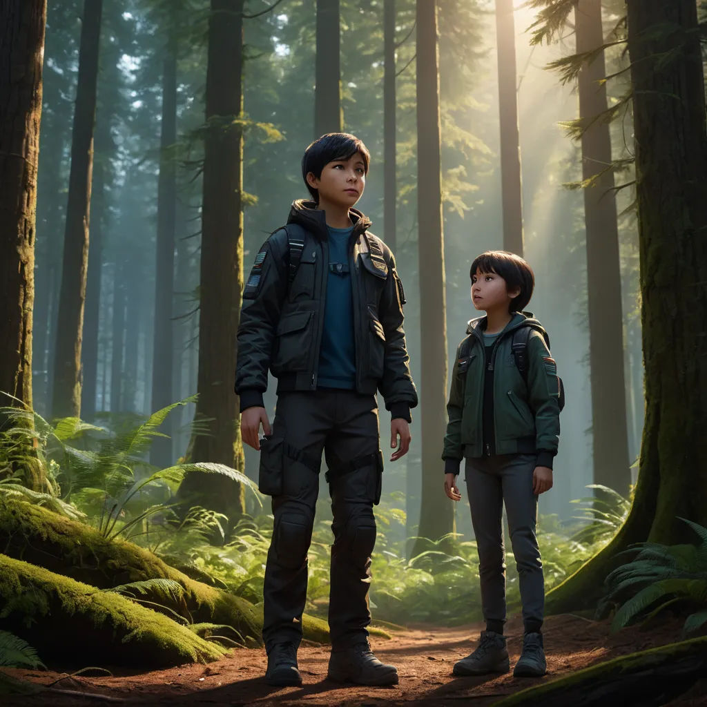a man and a boy standing in the woods together, looking at something in the distance with the sun shining through the trees, vancouver school, a detailed matte painting, Felix-Kelly, promotional image