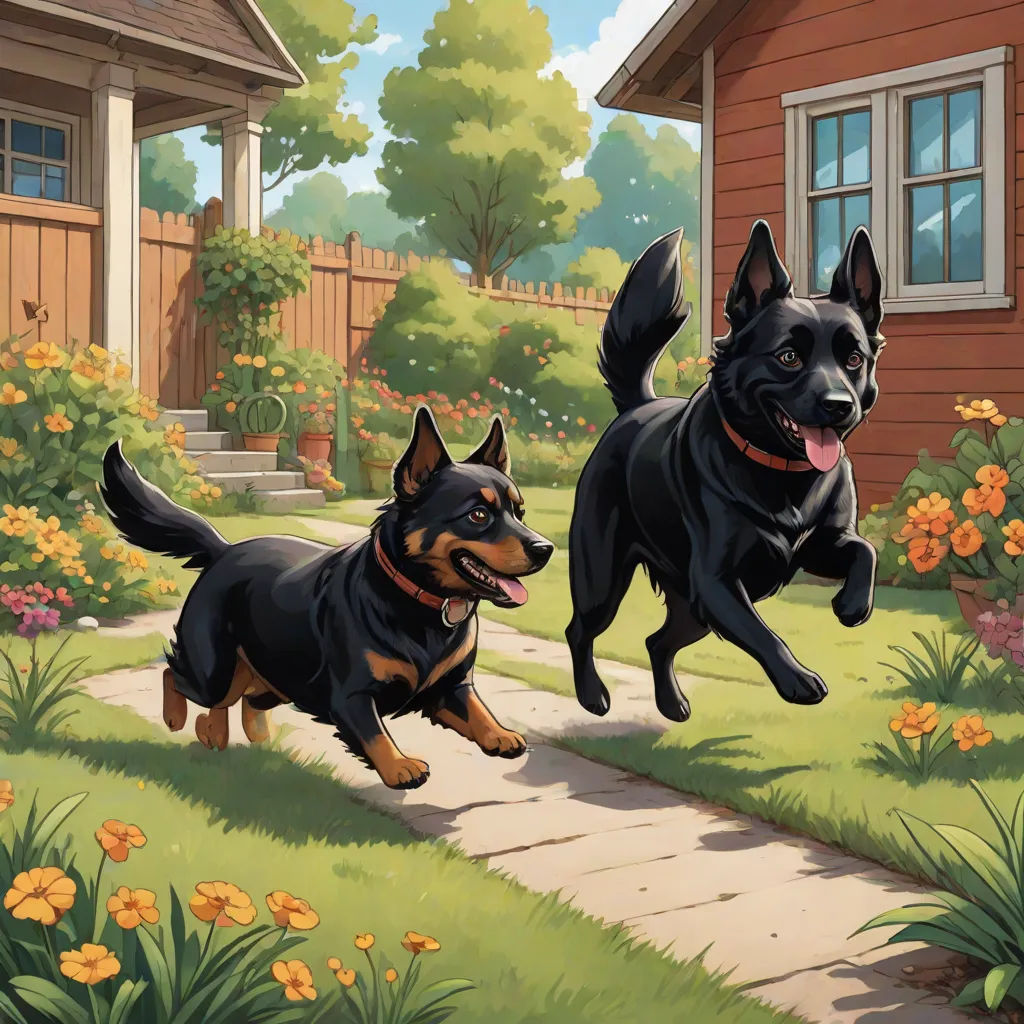 a couple of dogs running across a yard next to a house and a flower garden with yellow flowers on the ground, american scene painting, a storybook illustration, Aaron Jasinski, official art