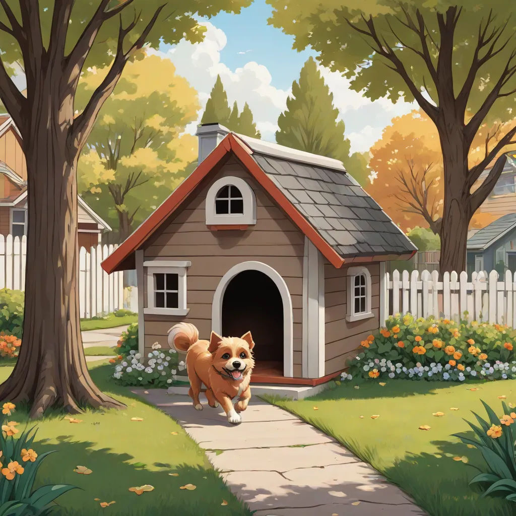 a dog running towards a dog house in a park with trees and flowers on the ground and a fence, american scene painting, a storybook illustration, Chris LaBrooy, official art
