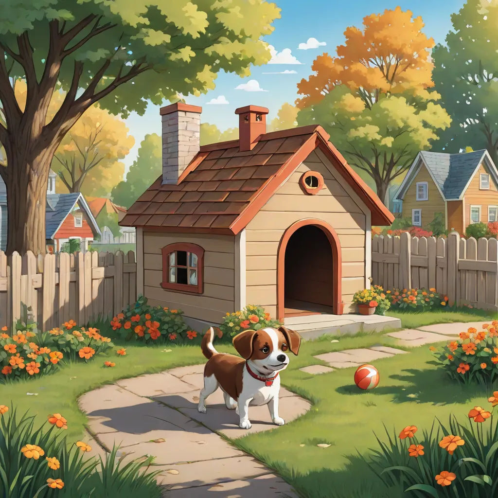 a dog stands in front of a dog house in a garden with flowers and trees, and a fence, american scene painting, a storybook illustration, Chris LaBrooy, official art