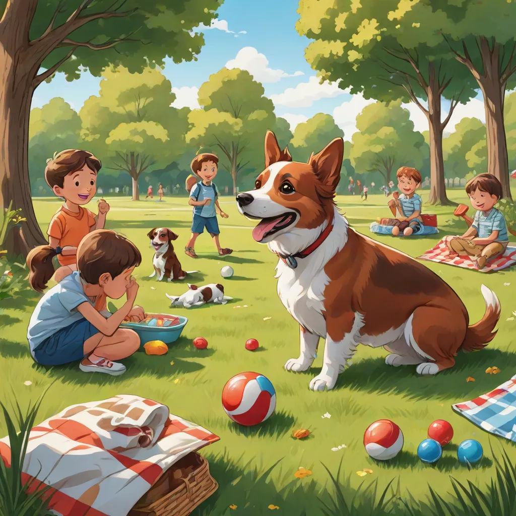 a dog is sitting in the grass with a group of children around him and a picnic blanket on the ground, american scene painting, a storybook illustration, Aaron Jasinski, official art