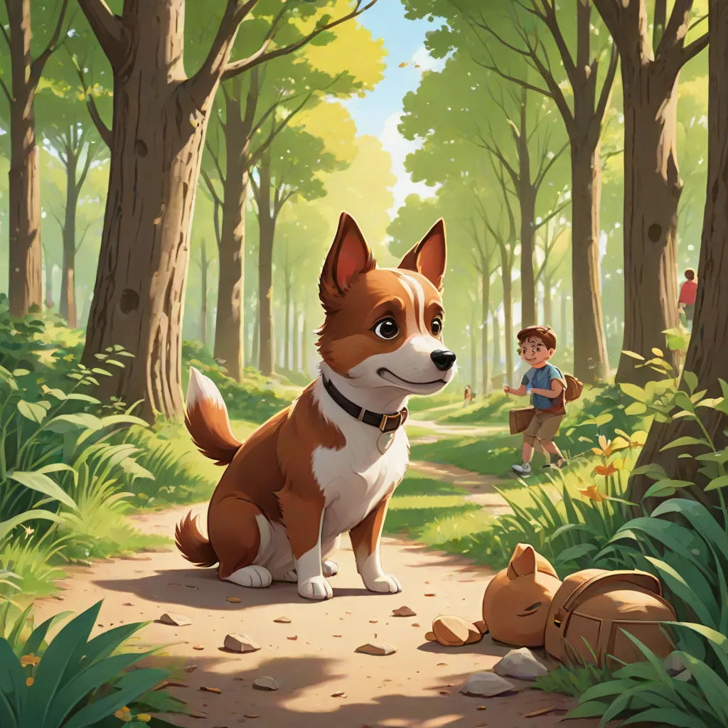 a dog and a boy are in the woods with a dog on a leash and a dog laying on the ground, sots art, a storybook illustration, Chris LaBrooy, official art