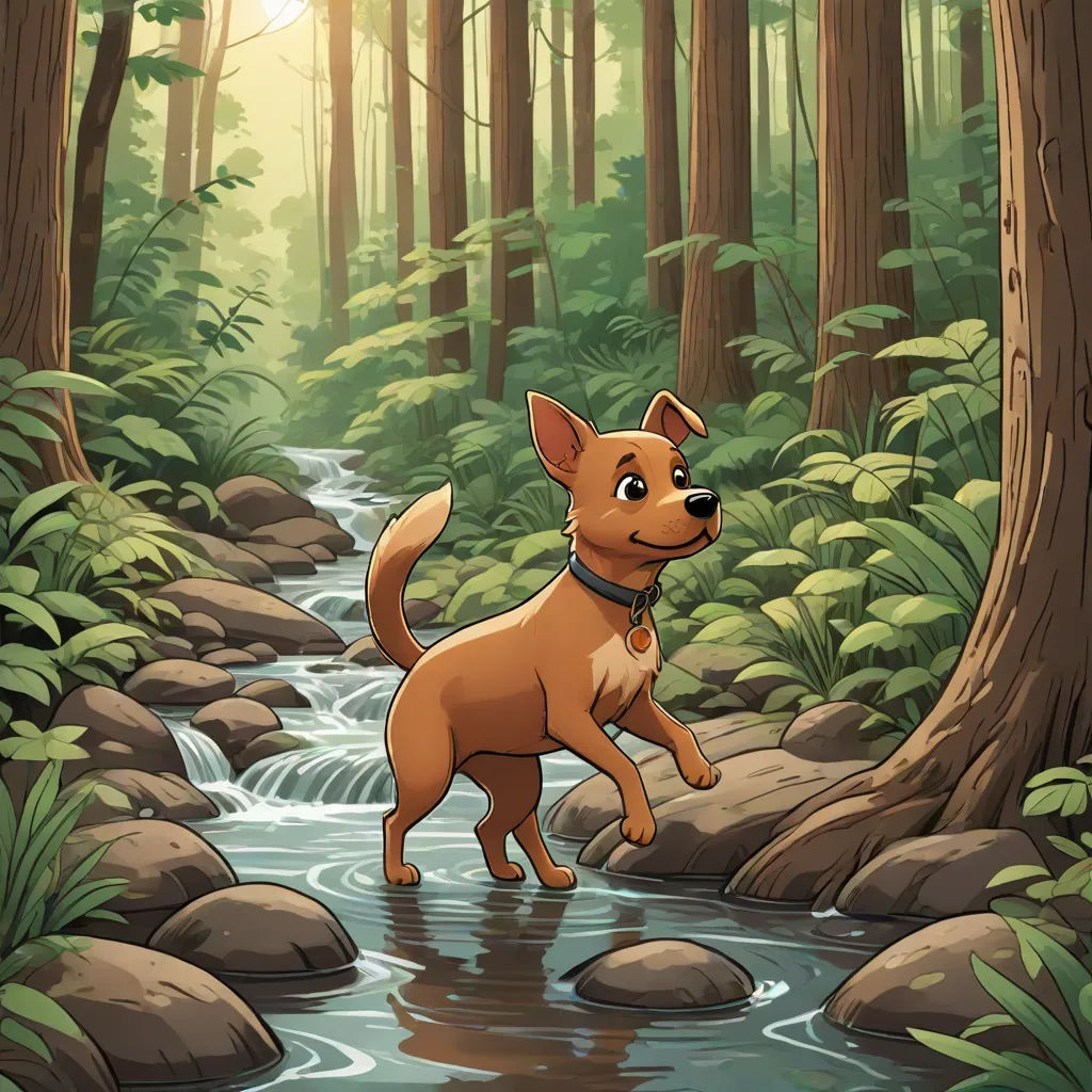 a dog standing in a stream in a forest with rocks and trees around it and a sun shining through the trees, sots art, a storybook illustration, Chris LaBrooy, storybook illustration
