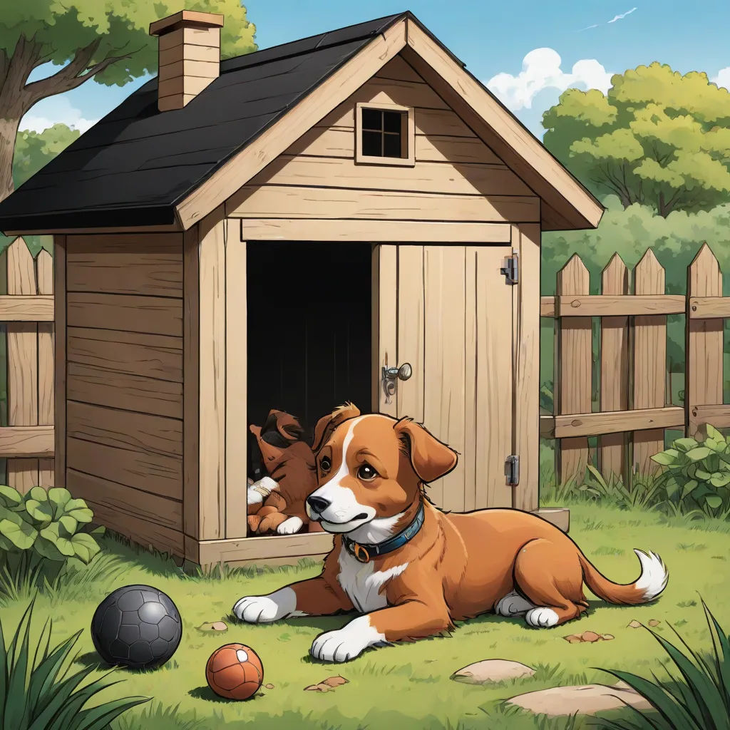 a dog laying in a dog house with a ball in the yard next to it and another dog in the background, furry art, a storybook illustration, Chris LaBrooy, official art