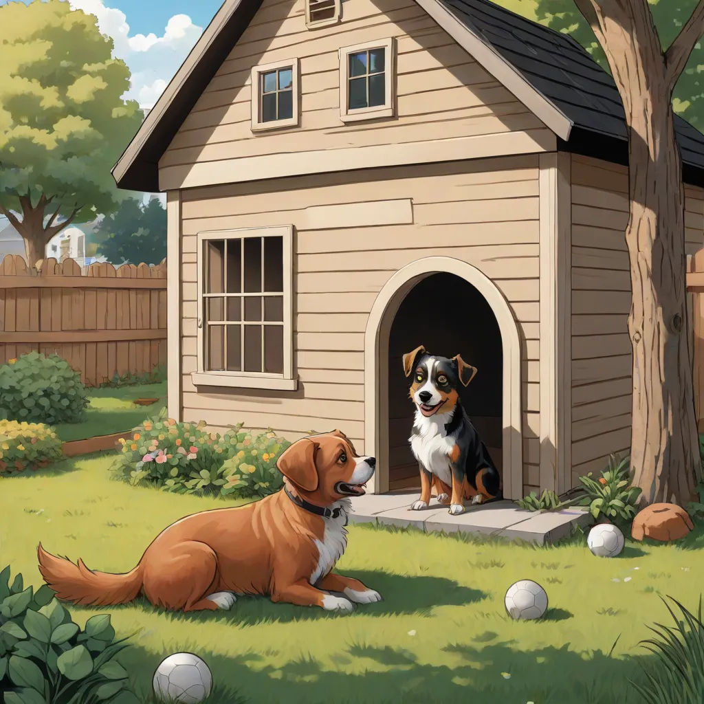 a dog and a cat are sitting in a dog house with balls in the yard and a tree in the yard, american scene painting, a storybook illustration, Chris LaBrooy, storybook illustration