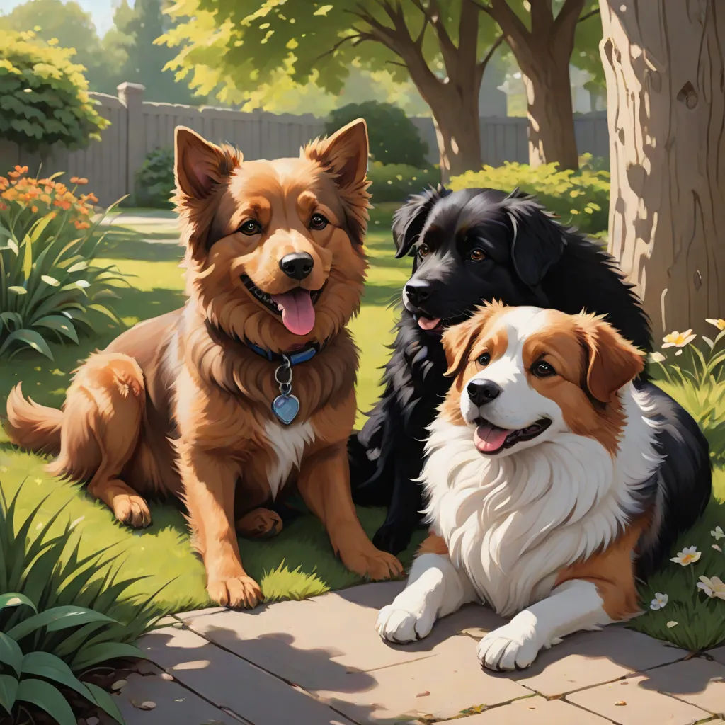 two dogs sitting next to each other on a sidewalk near a tree and flowers in a park area with a fence, american scene painting, a detailed painting, Brothers Hildebrandt, professional digital painting