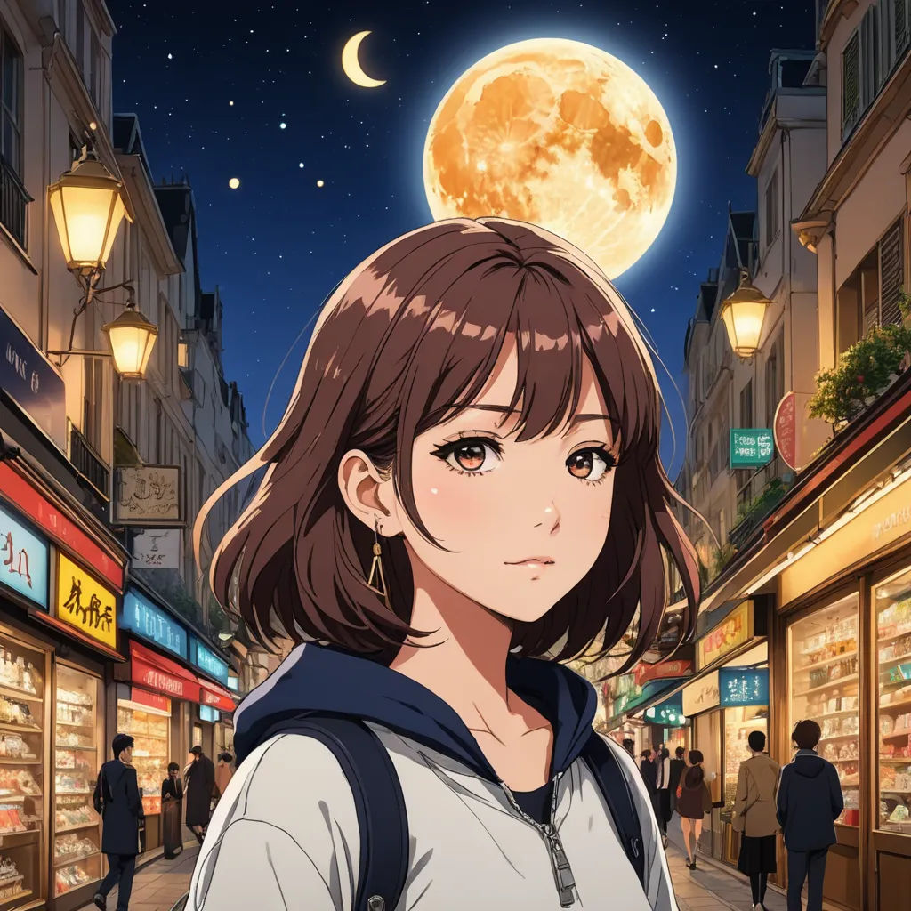 a girl standing in a street with a full moon in the background and a city street with shops and people, space art, poster art, artist, anime key visual