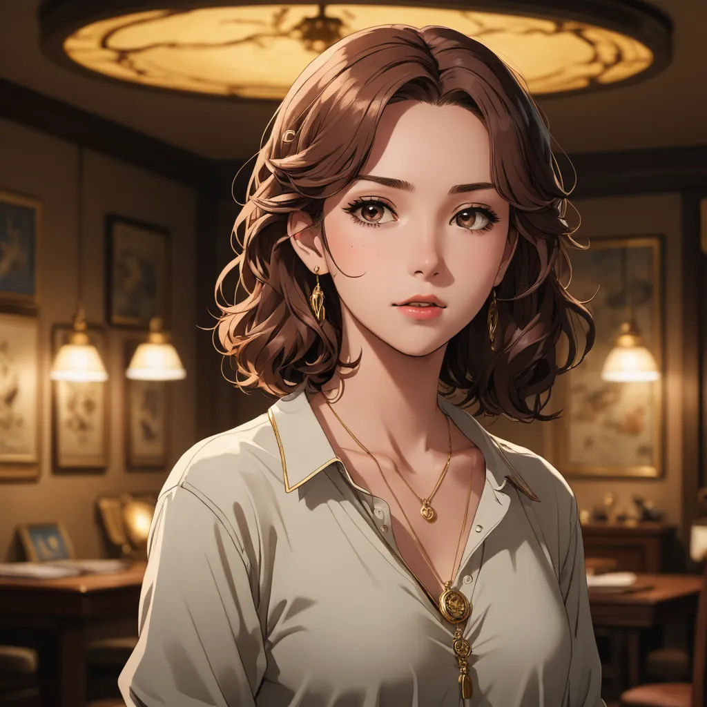 a woman standing in a room with a clock on the wall behind her and a lamp above her head, fantasy art, a character portrait, Chen Hong, cgstudio