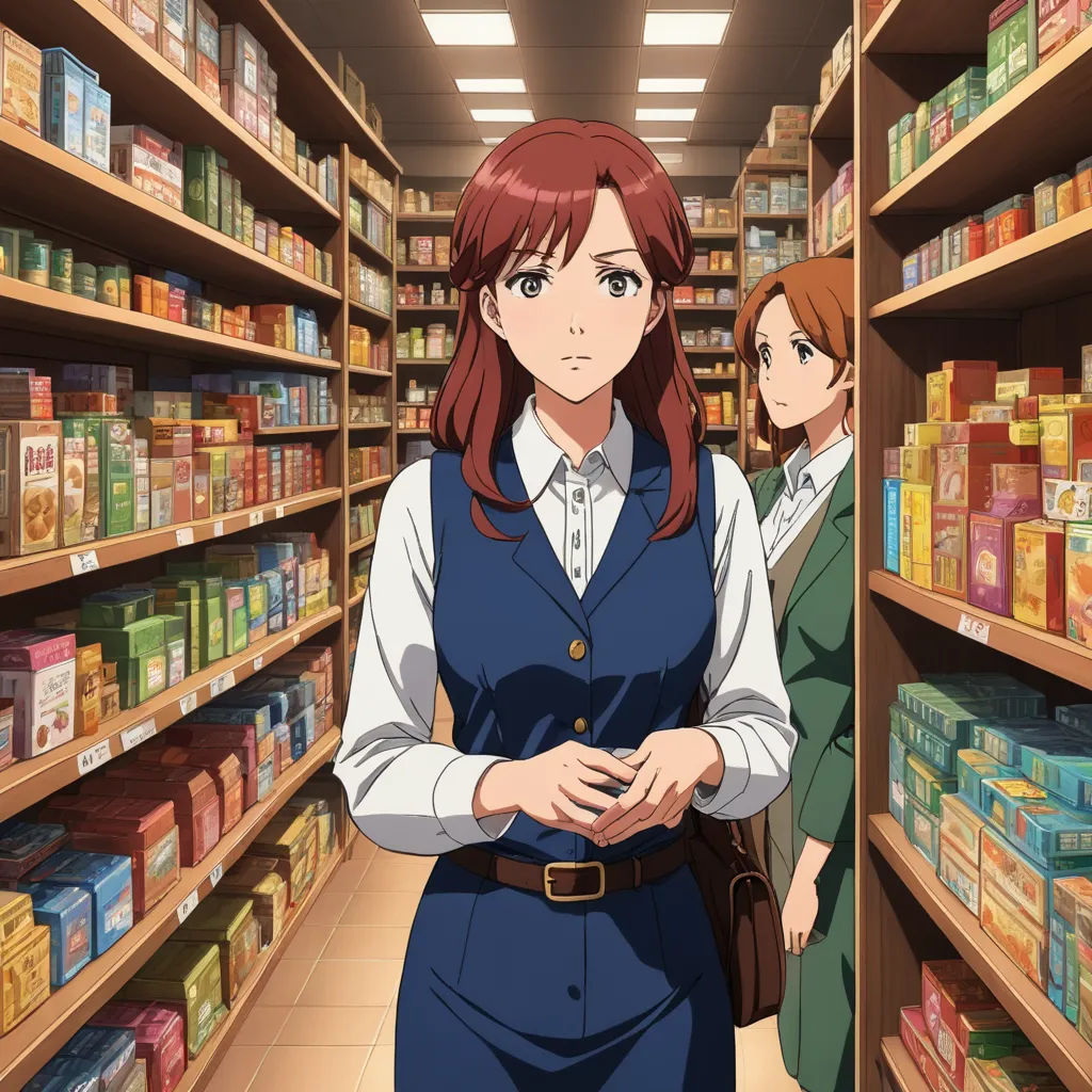 a woman in a store with a man in the aisle behind her looking at the shelves of food items, remodernism, concept art, Eizan Kikukawa, official art