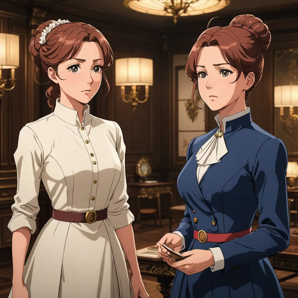 two women in formal dress standing in a room with chandeliers and a chandelier hanging from the ceiling, sots art, concept art, Anne Said, official art