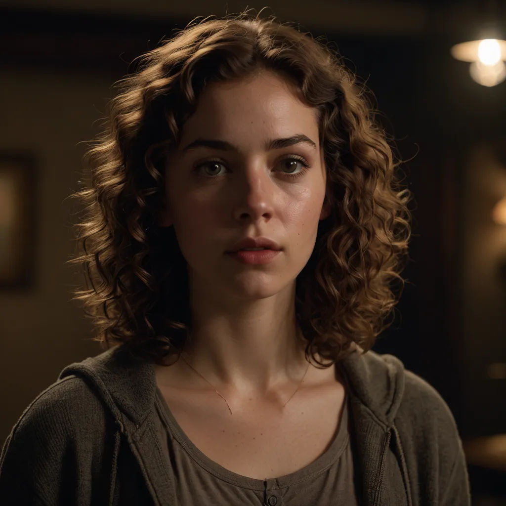 a woman with curly hair standing in a dark room with a light on her face and a clock in the background, serial art, a character portrait, Daphne Fedarb, promotional image