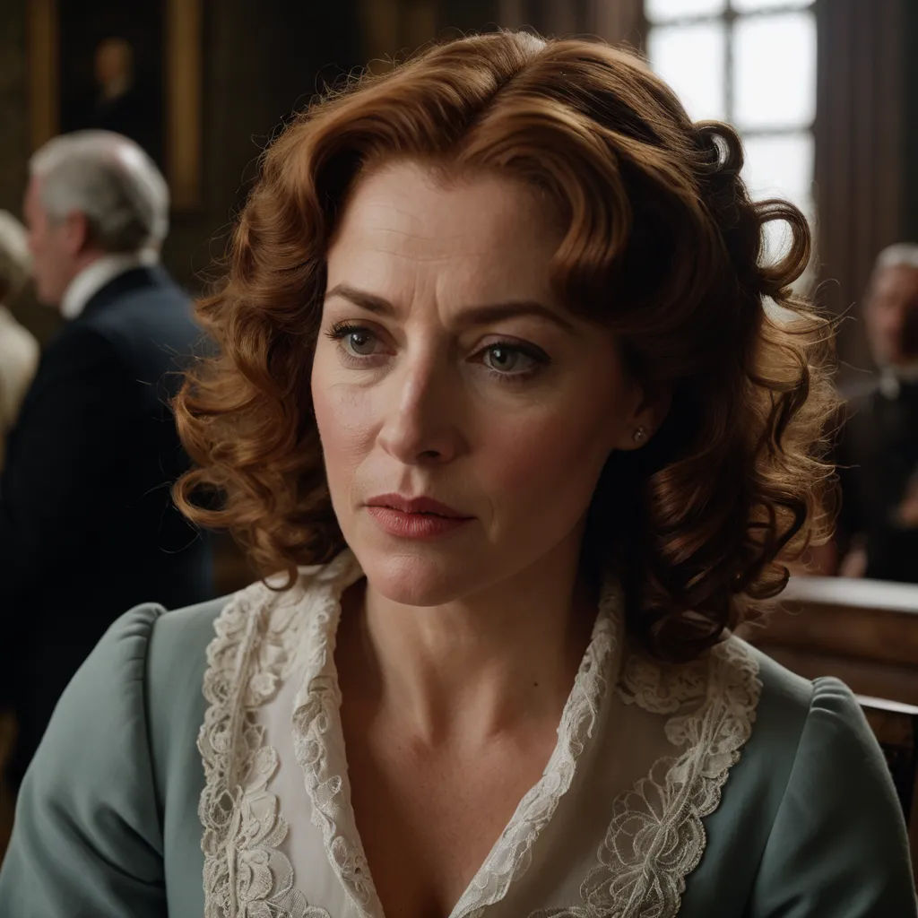 a woman with red hair and a green shirt is looking at something while sitting in a room with other people, pre-raphaelitism, a character portrait, Constance-Anne Parker, promotional image