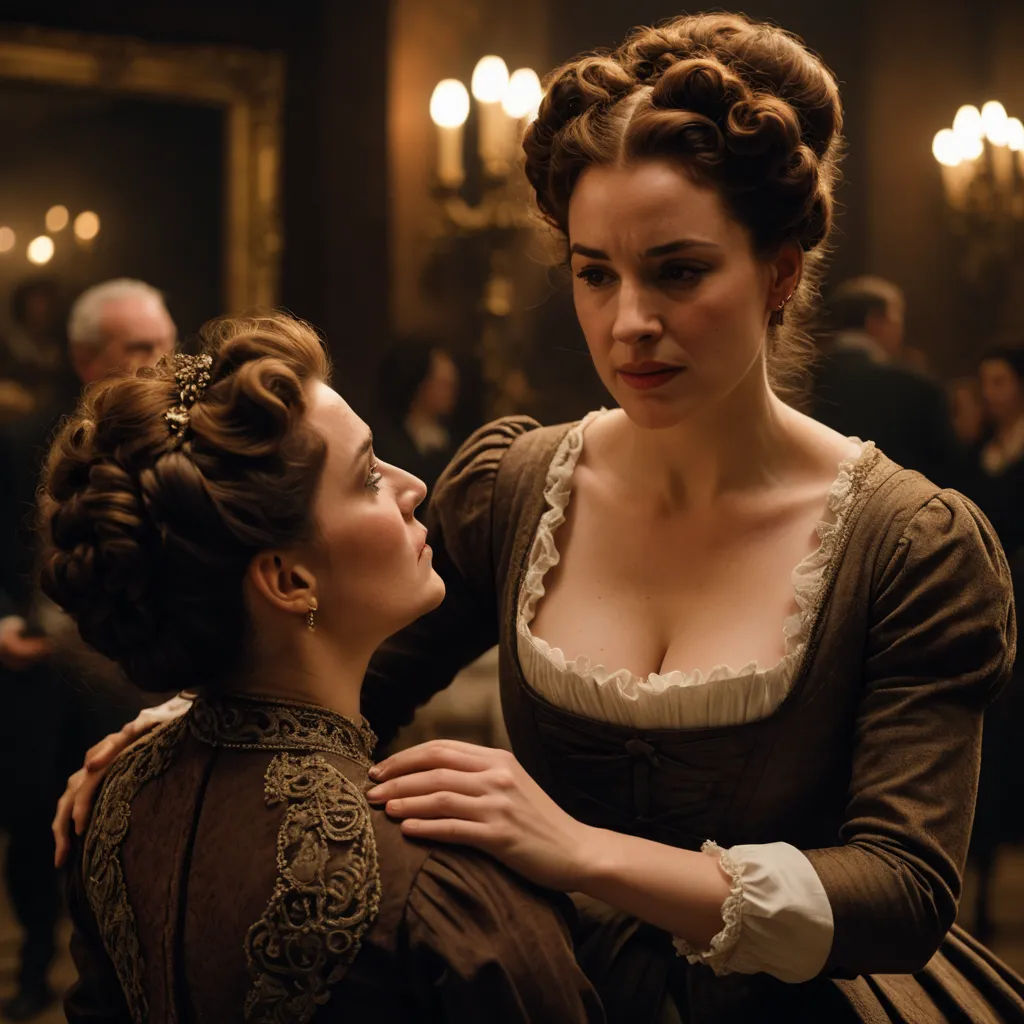 a woman in a brown dress is touching another woman's shoulder in a dark room with lights on, rococo, a renaissance painting, Anne Said, promotional image