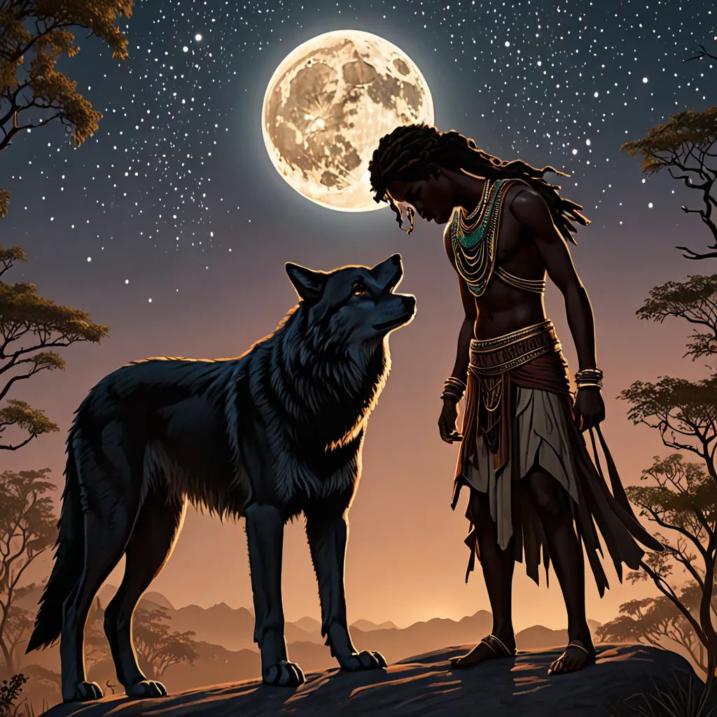 a man and a wolf standing in front of a full moon with trees and a sky background with stars, fantasy art, a storybook illustration, Brothers Hildebrandt, official art