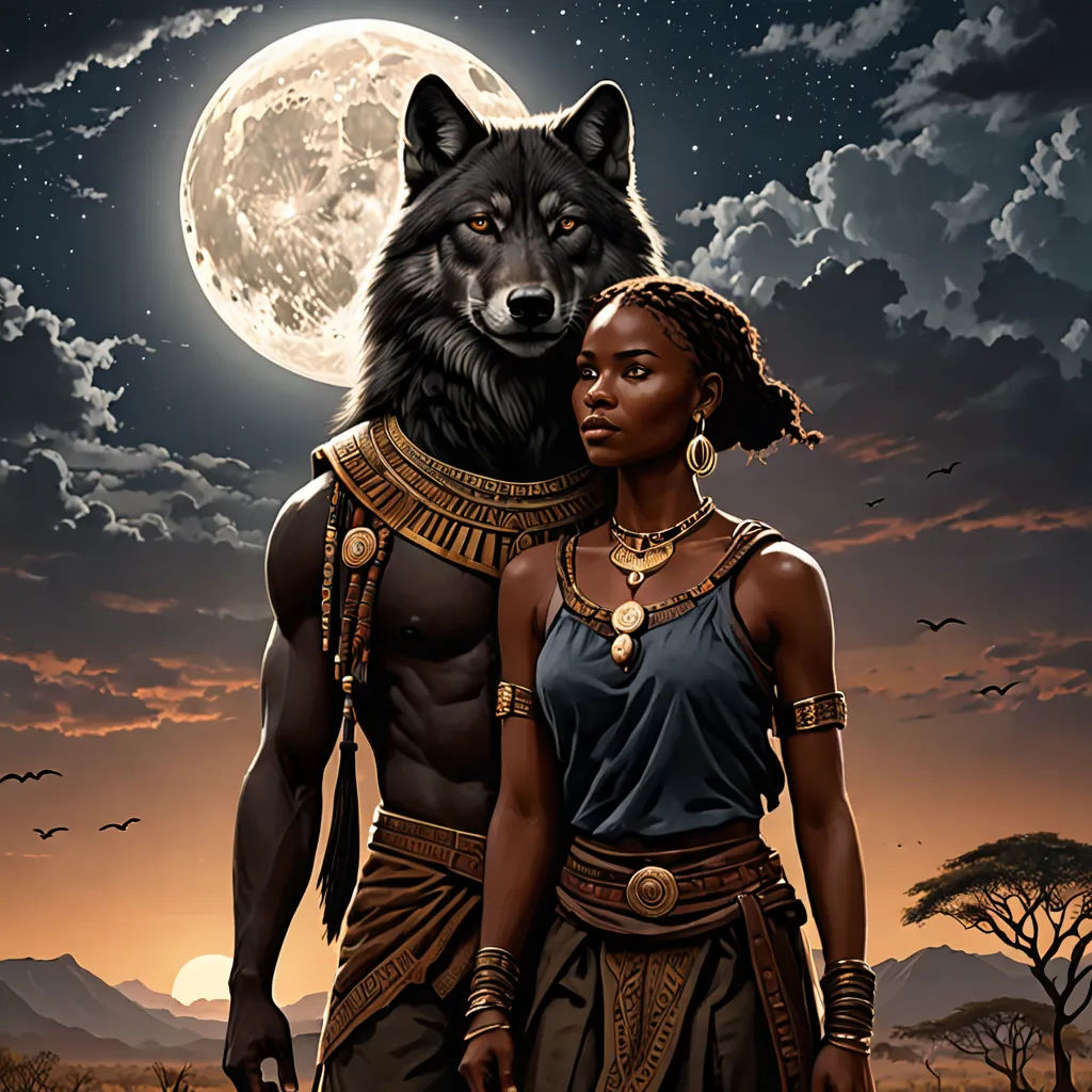 a man and a woman standing in front of a full moon with a wolf on their shoulder and a wolf on his shoulder, afrofuturism, a painting, Chinwe Chukwuogo-Roy, highly detailed digital painting