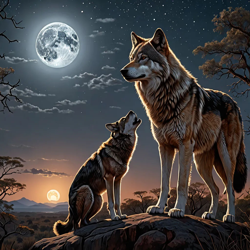two wolfs are standing on a rock looking at the moon and stars in the sky above them,, furry art, a storybook illustration, Brothers Hildebrandt, full moon