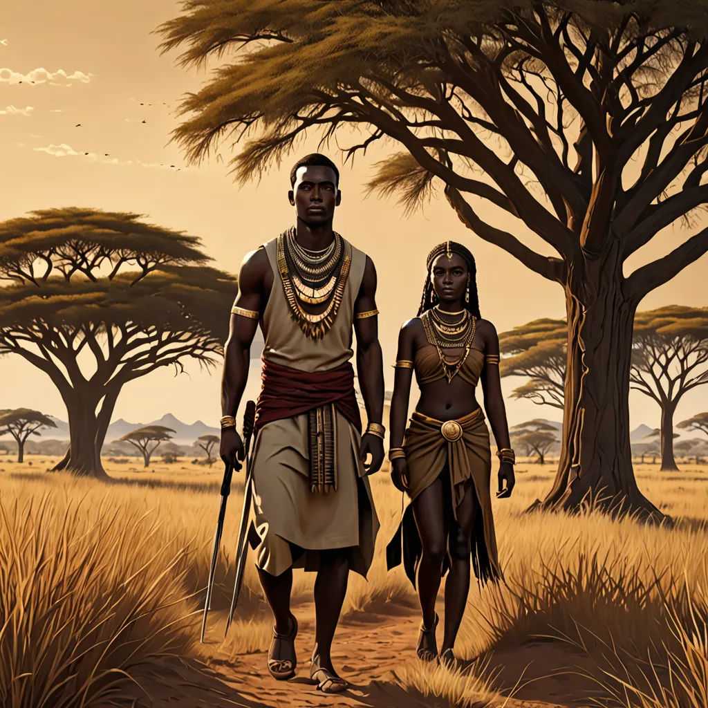 a painting of two people walking through a field with trees in the background and a sunset in the background, afrofuturism, a detailed matte painting, Chinwe Chukwuogo-Roy, mars ravelo and greg rutkowski