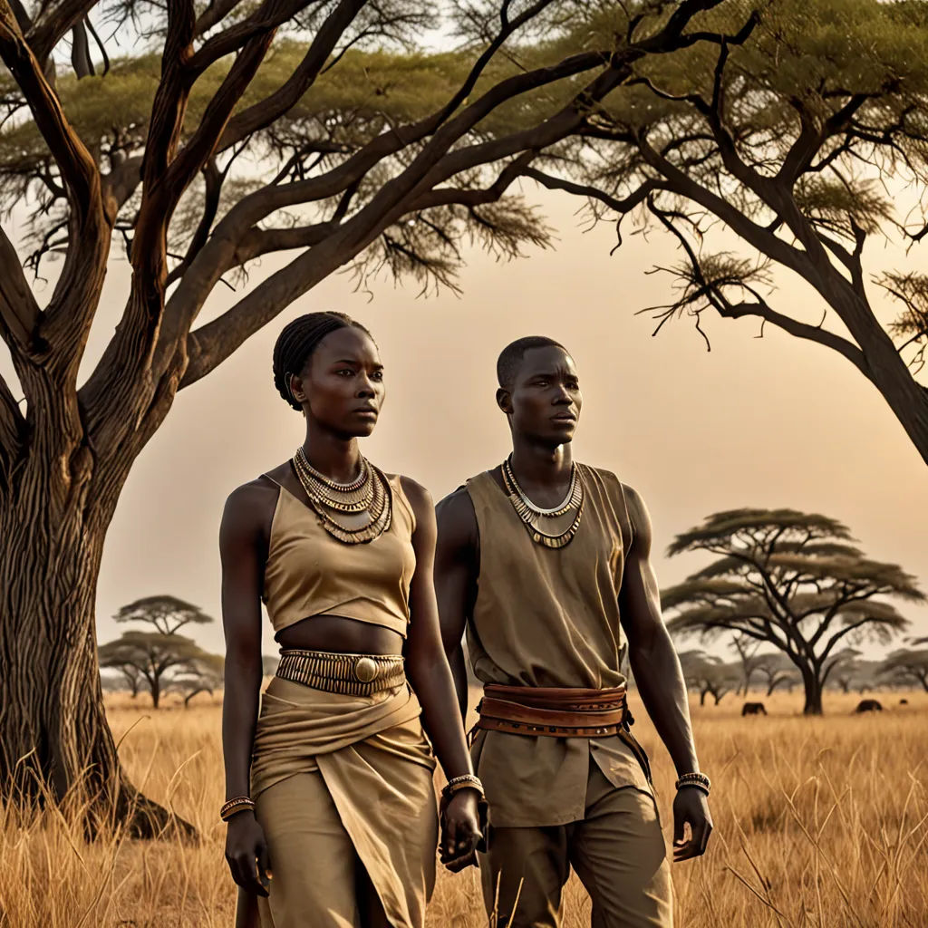 two men in traditional african clothing standing in a field with trees in the background and a sky in the background, primitivism, a colorized photo, Annie Leibovitz, cinematic photography