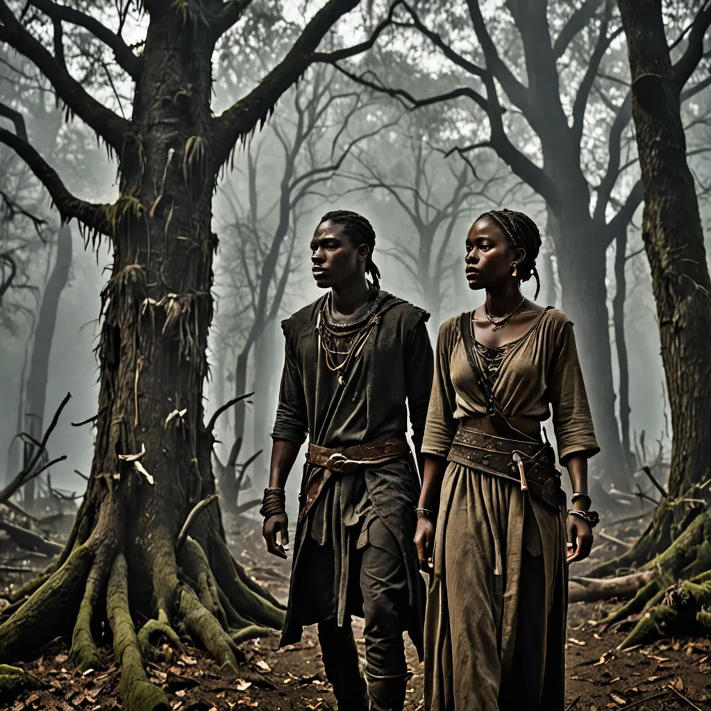 two people walking through a forest with trees in the background and fog in the air above them, with a tree trunk in the foreground, afrofuturism, a detailed matte painting, Chinwe Chukwuogo-Roy, promotional image