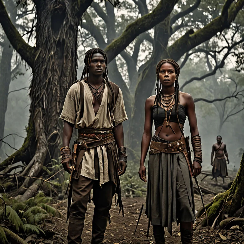 two people in native american clothing standing in a forest with trees in the background and fog in the air, afrofuturism, a detailed matte painting, Chinwe Chukwuogo-Roy, promotional image