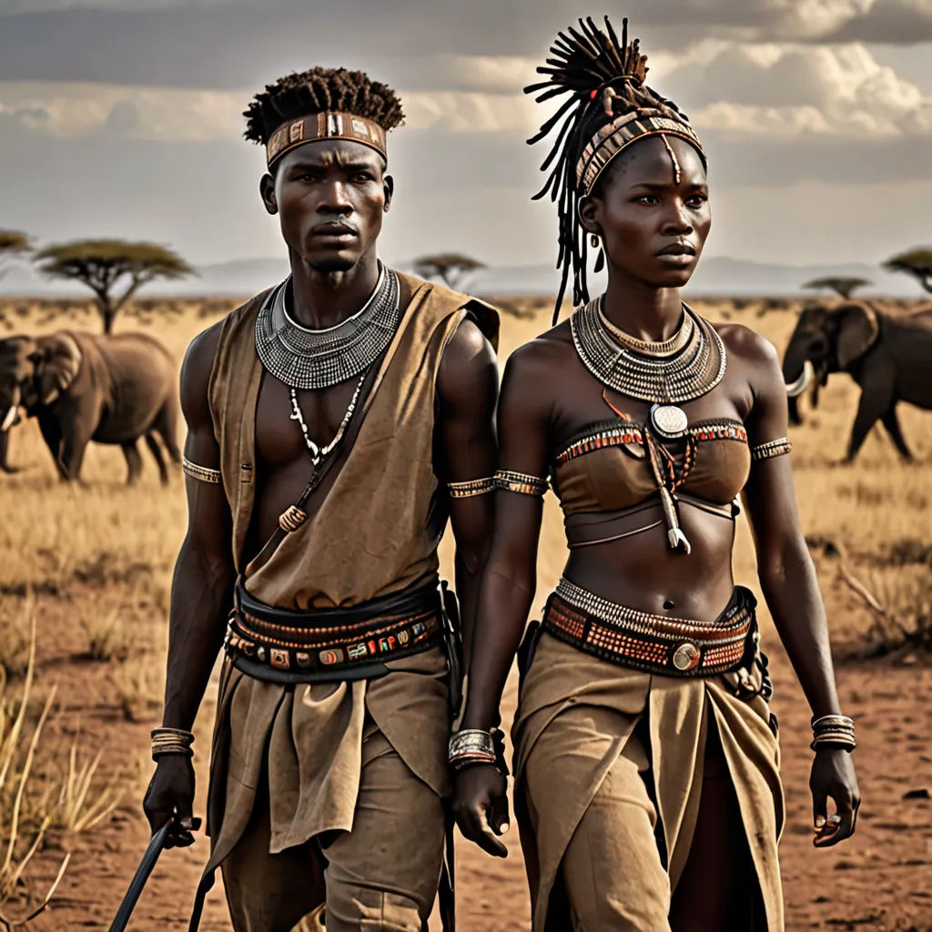 two african men in traditional clothing walking in front of elephants in the wild, with a sky background,, primitivism, a colorized photo, Chinwe Chukwuogo-Roy, cinematic photography