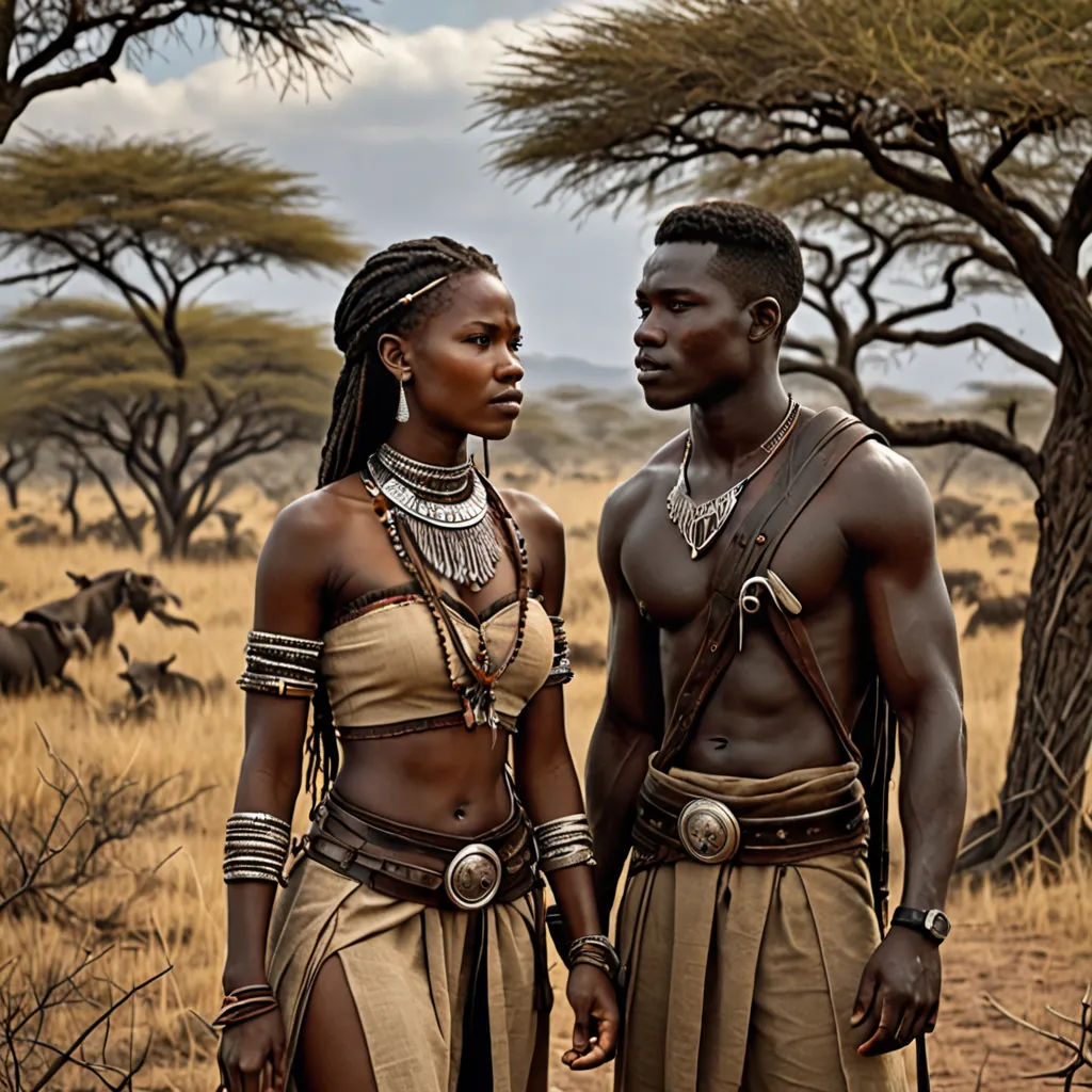 a couple of people standing in a field next to each other in front of trees and animals in the background, afrofuturism, a detailed matte painting, Chinwe Chukwuogo-Roy, cinematic photography