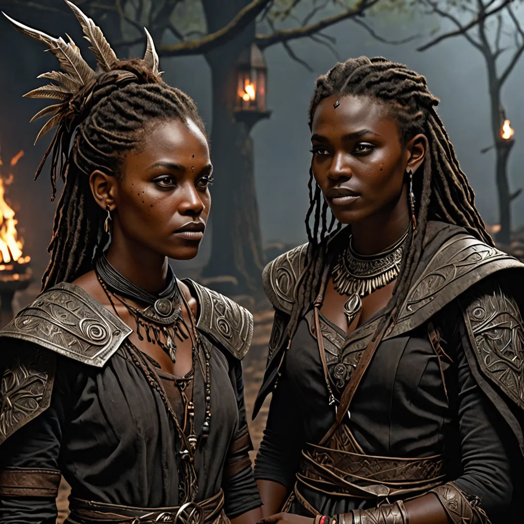 two women dressed in costumes standing next to each other in front of a fire pit with torches in the background, antipodeans, a detailed matte painting, Chinwe Chukwuogo-Roy, promotional image