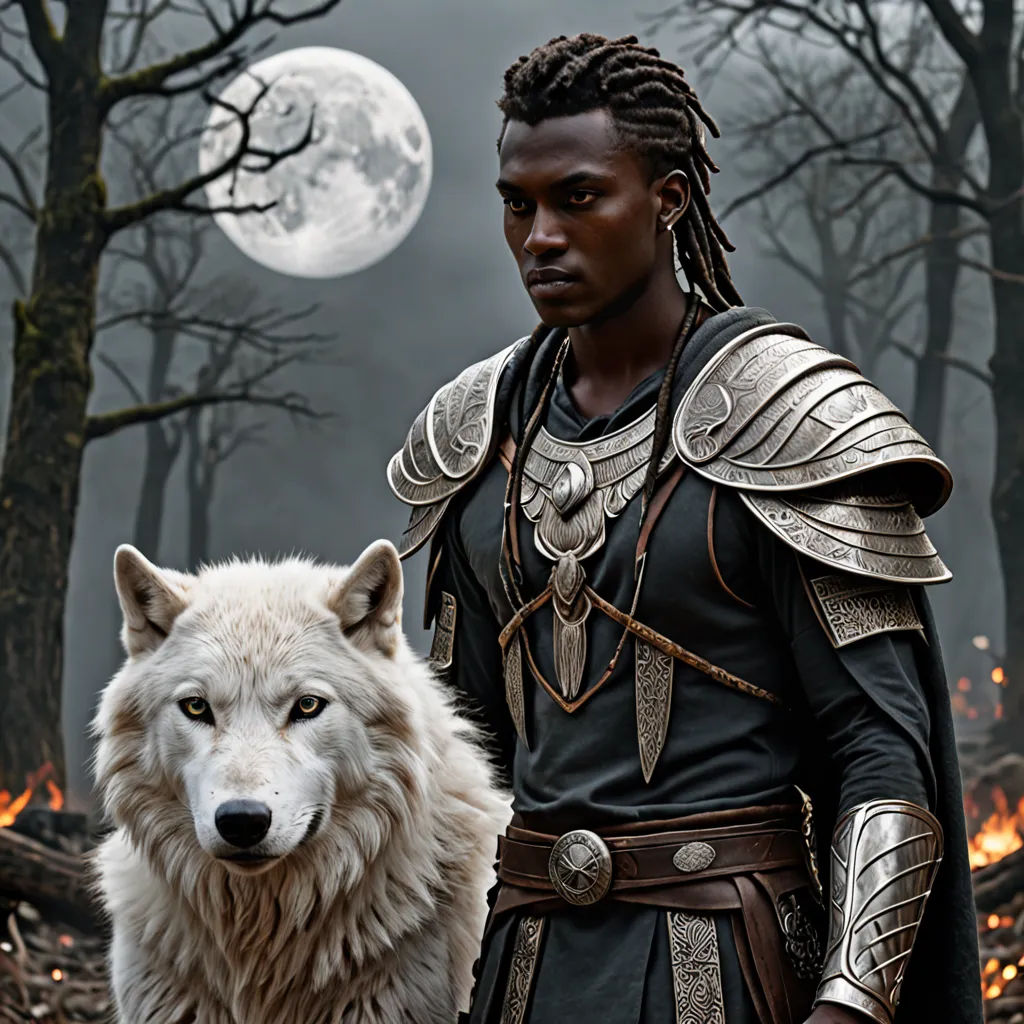 a man in a costume standing next to a wolf in a forest with a full moon in the background, fantasy art, a character portrait, Dirk Crabeth, epic fantasy character art