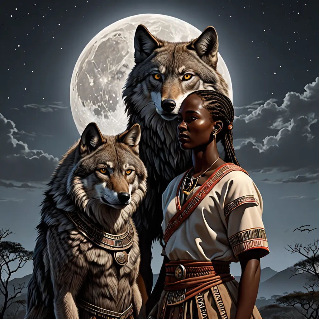 a woman standing next to two wolfs under a full moon sky with trees and clouds in the background, fantasy art, a painting, Chinwe Chukwuogo-Roy, highly detailed digital painting