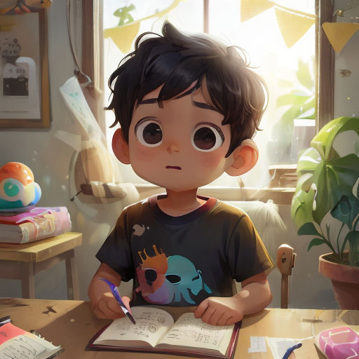 a boy sitting at a table with a book and pen in his hand and a plant in the background