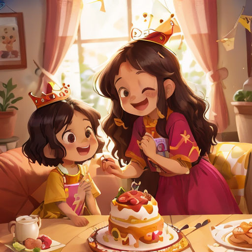 a little girl and a girl are standing in front of a cake with a crown on it and a little girl is holding a cup