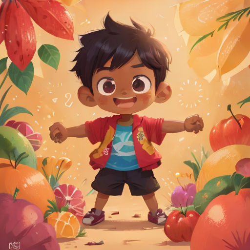 a boy standing in a garden with lots of fruit around him and a red jacket on his shoulders and a blue shirt on his chest